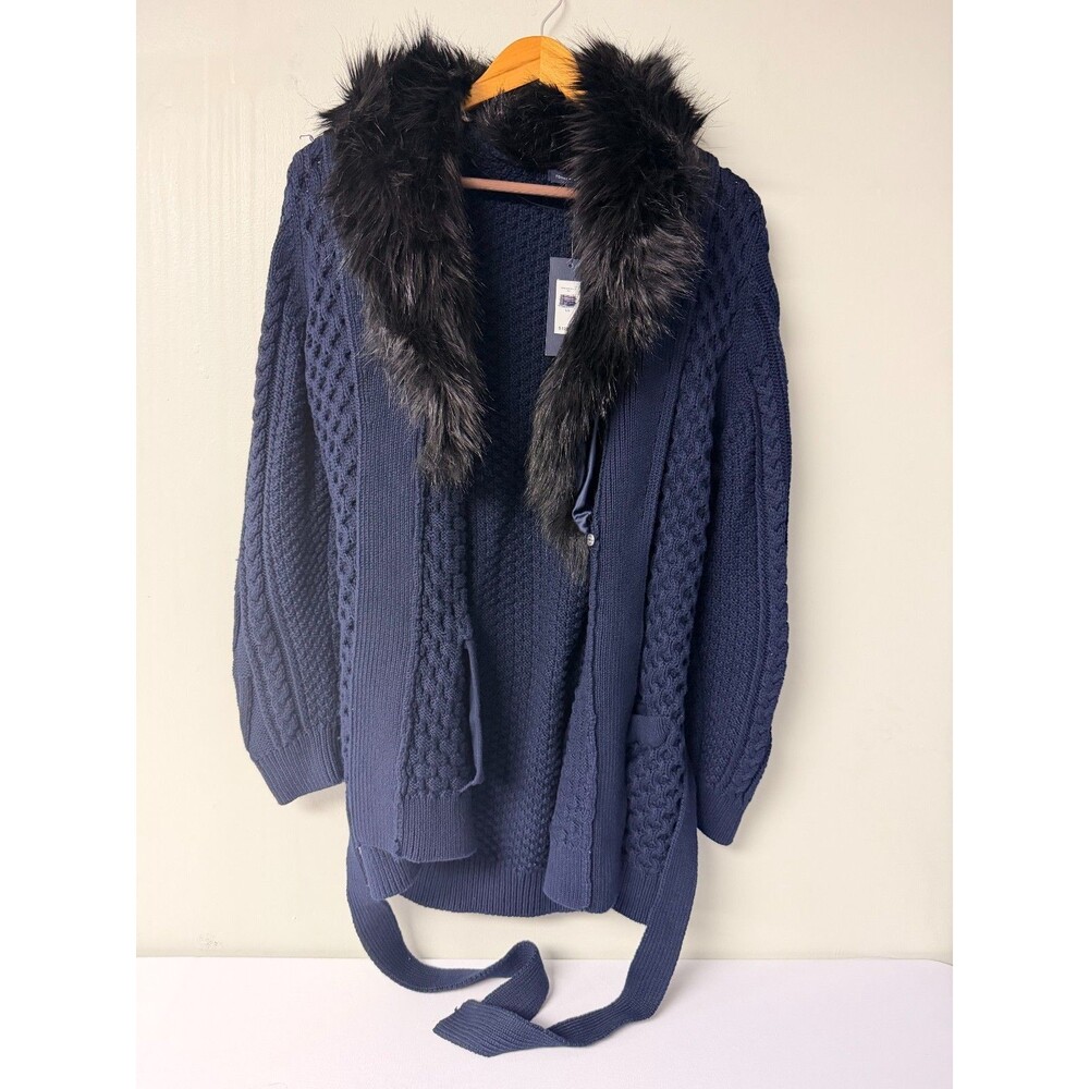 Tommy Hilfiger Women's L Navy Cable Knit Cardigan Faux Fur Collar Belt NWT